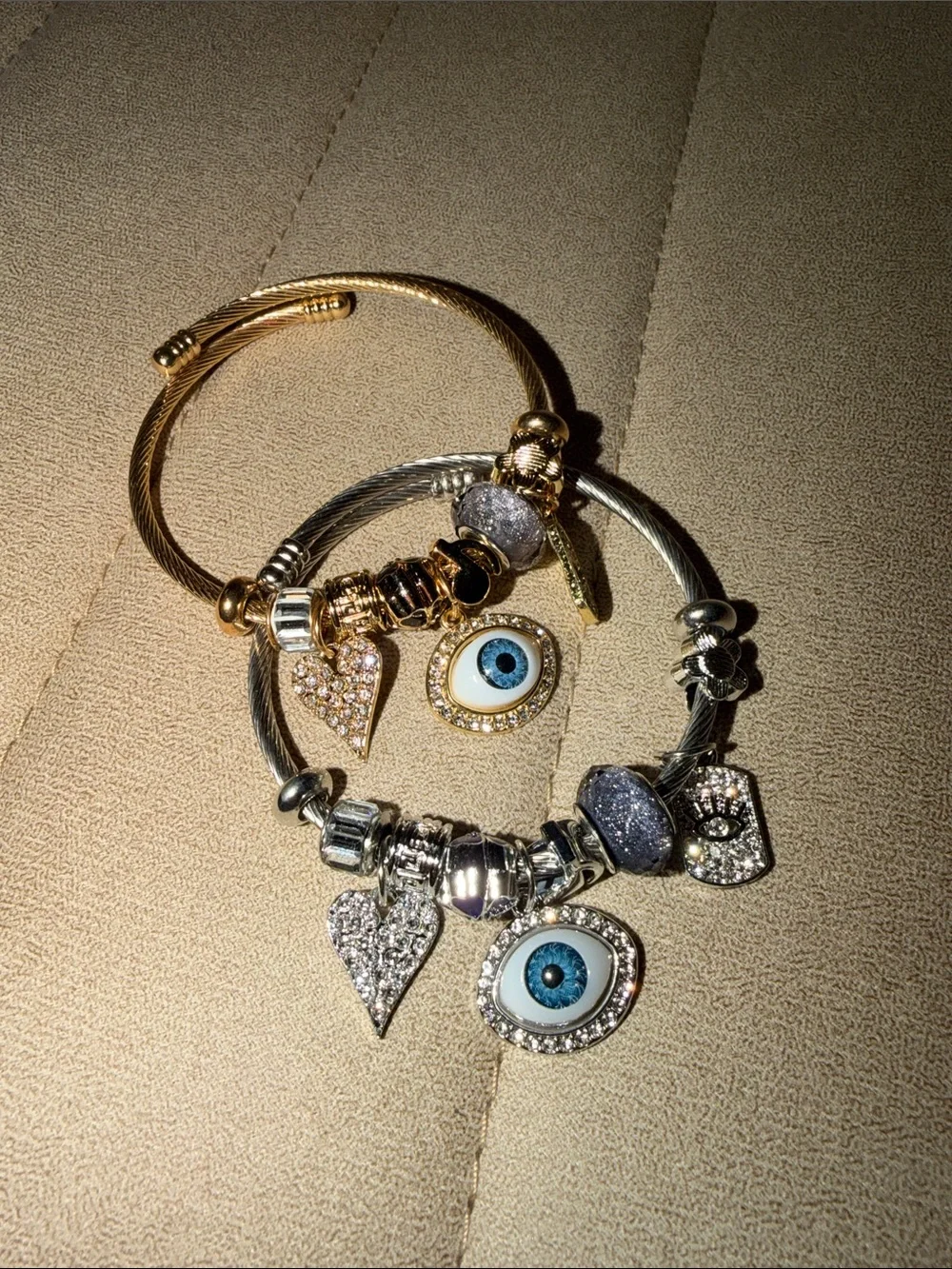 Gold & Silver Evil Eye Charm Bracelets with Blue Eye Accents
